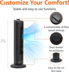 Amazon Basics 28" 60-Degree Oscillating Tower Fan with Powerful Airflow for Bedroom, Living Room, Office, 3 Speeds, Mechanical Control, Air Circulator, 35W, 27.8"H x 9.4"D x 9.4"W, Black