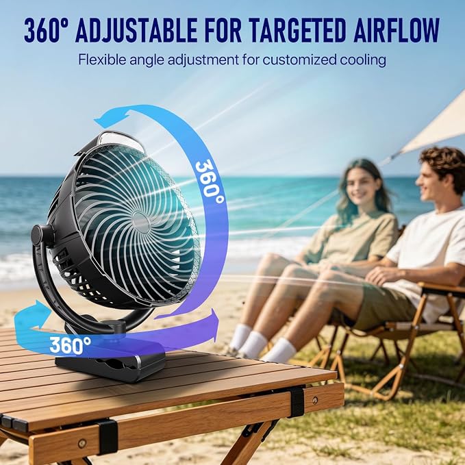 8-Inch Rechargeable Clip on Fan, 10000mAh Portable Camping Fan with LED Light, 9-Speed Ultra Quiet Airflow, 30H Runtime, 360° Rotating Desk Fan for Golf Cart, Bedroom, Office, Dorm, Black