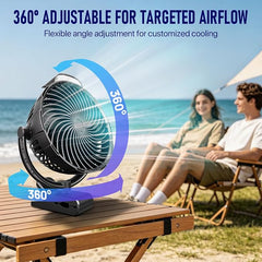 8-Inch Rechargeable Clip on Fan, 10000mAh Portable Camping Fan with LED Light, 9-Speed Ultra Quiet Airflow, 30H Runtime, 360° Rotating Desk Fan for Golf Cart, Bedroom, Office, Dorm, Black