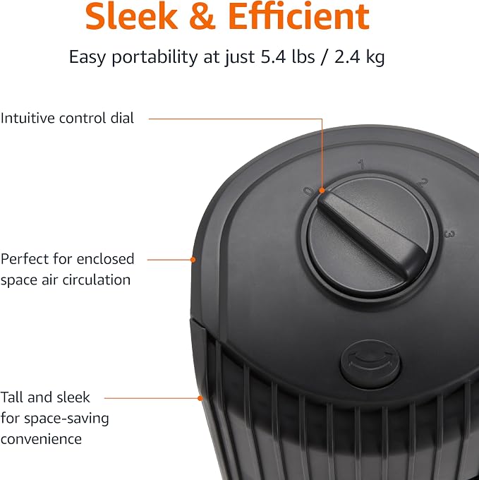 Amazon Basics 28" 60-Degree Oscillating Tower Fan with Powerful Airflow for Bedroom, Living Room, Office, 3 Speeds, Mechanical Control, Air Circulator, 35W, 27.8"H x 9.4"D x 9.4"W, Black