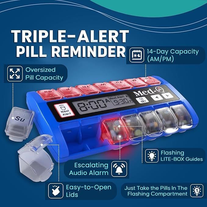 Med-Q Digital Pill Box with Alarms – Pill Organizer with Flashing Lights & Beeping Reminders – Monthly Pill Dispenser for Seniors, Dementia, Alzheimer’s, Medication & Vitamin Management