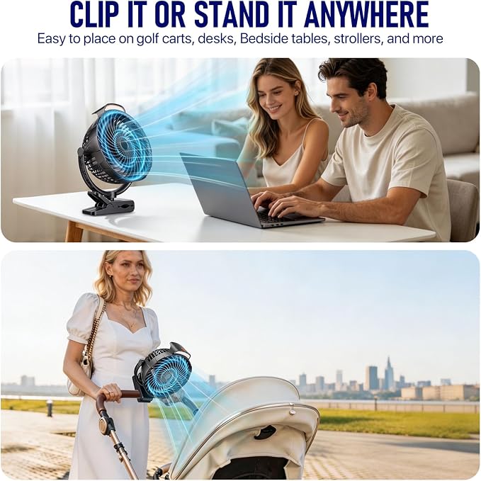 8-Inch Rechargeable Clip on Fan, 10000mAh Portable Camping Fan with LED Light, 9-Speed Ultra Quiet Airflow, 30H Runtime, 360° Rotating Desk Fan for Golf Cart, Bedroom, Office, Dorm, Black