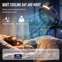 8-Inch Rechargeable Clip on Fan, 10000mAh Portable Camping Fan with LED Light, 9-Speed Ultra Quiet Airflow, 30H Runtime, 360° Rotating Desk Fan for Golf Cart, Bedroom, Office, Dorm, Black